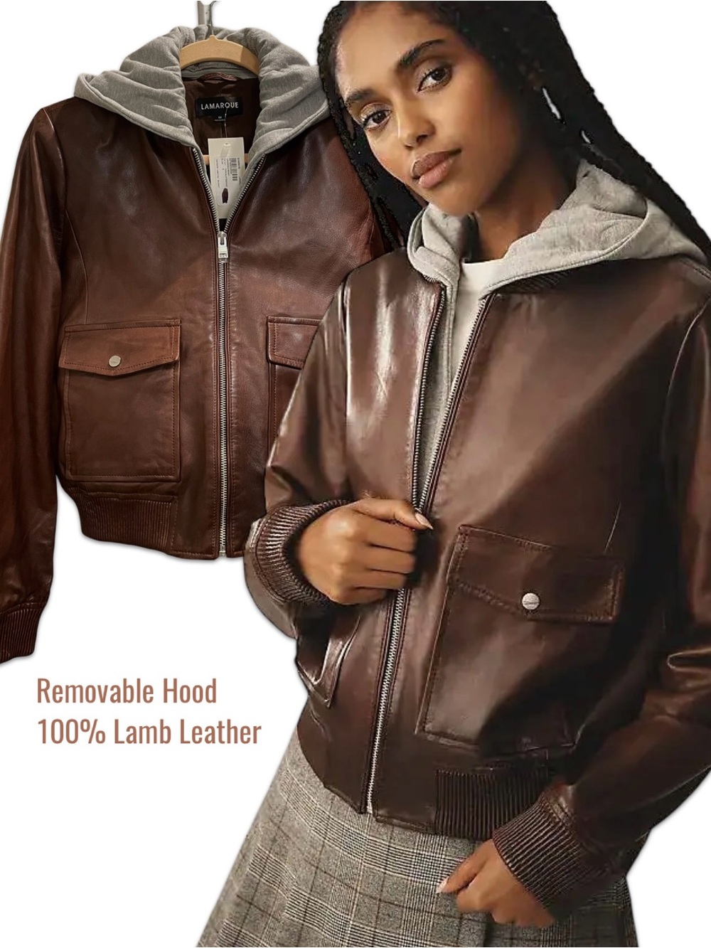 Lamarque Candace Hooded Leather Bomber Jacket - Chocolate Brown Size Medium New